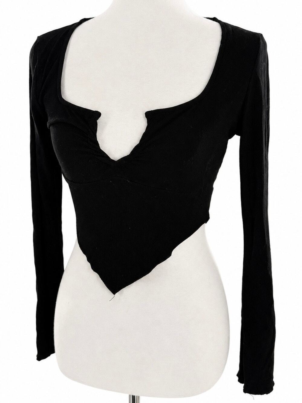 Black Ribbed Long Sleeve Plunge Neck Handkerchief Hem Crop Top Small